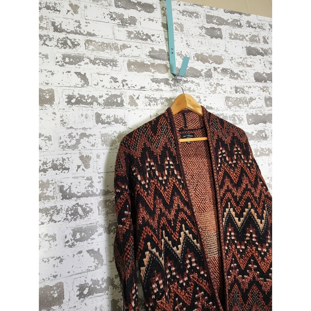 Lucky Brand Sweater Size XS Orange Black Wool Blend Aztec Long Cardigan Oversize - Picture 2 of 14